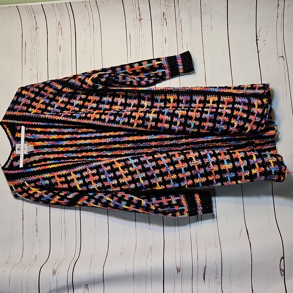 Rain Rose Cardigan Open Front Knit Black Colorful‎ Long Sleeve Duster Jacket